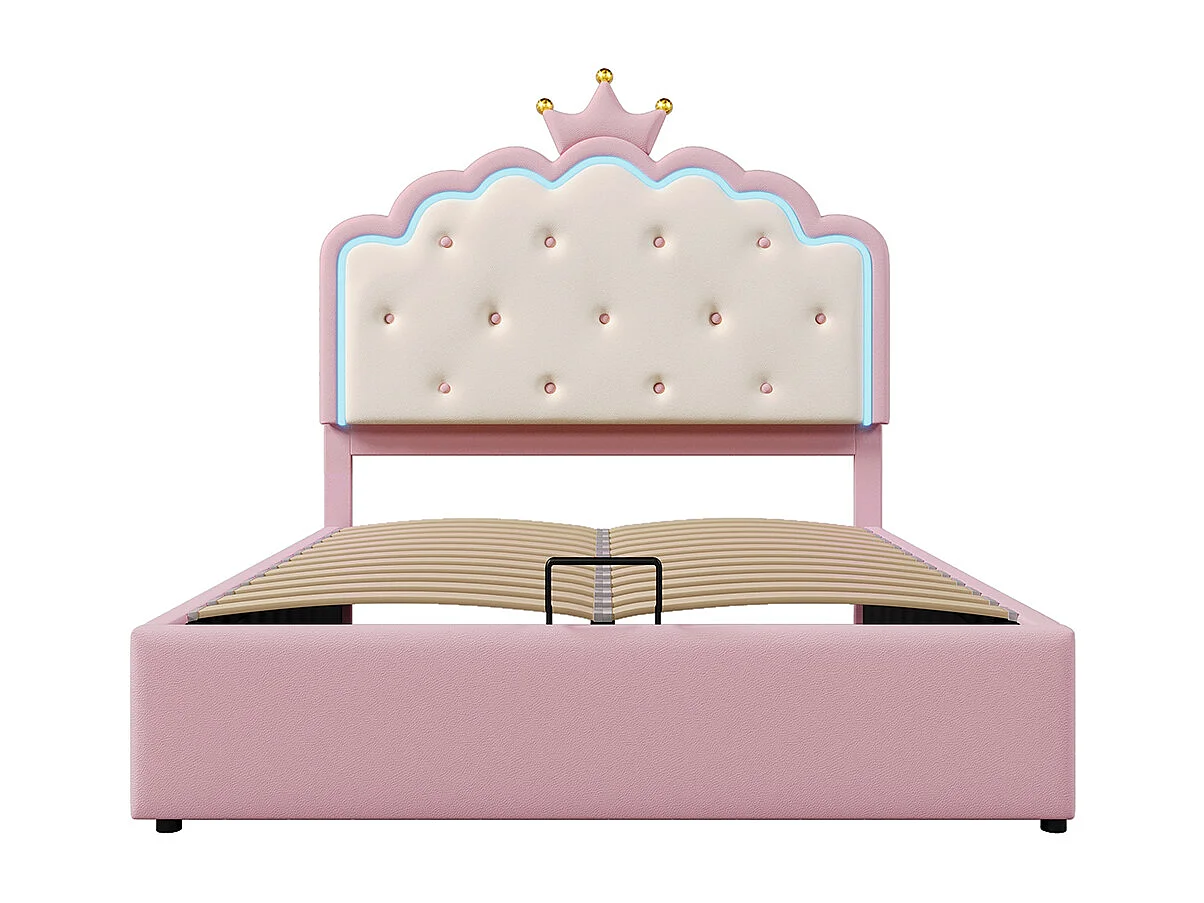 Lit rembourré 140 x 200 cm avec sommier à lattes Éclairage d'ambiance LED, forme princesse, rangement hydraulique,  rose