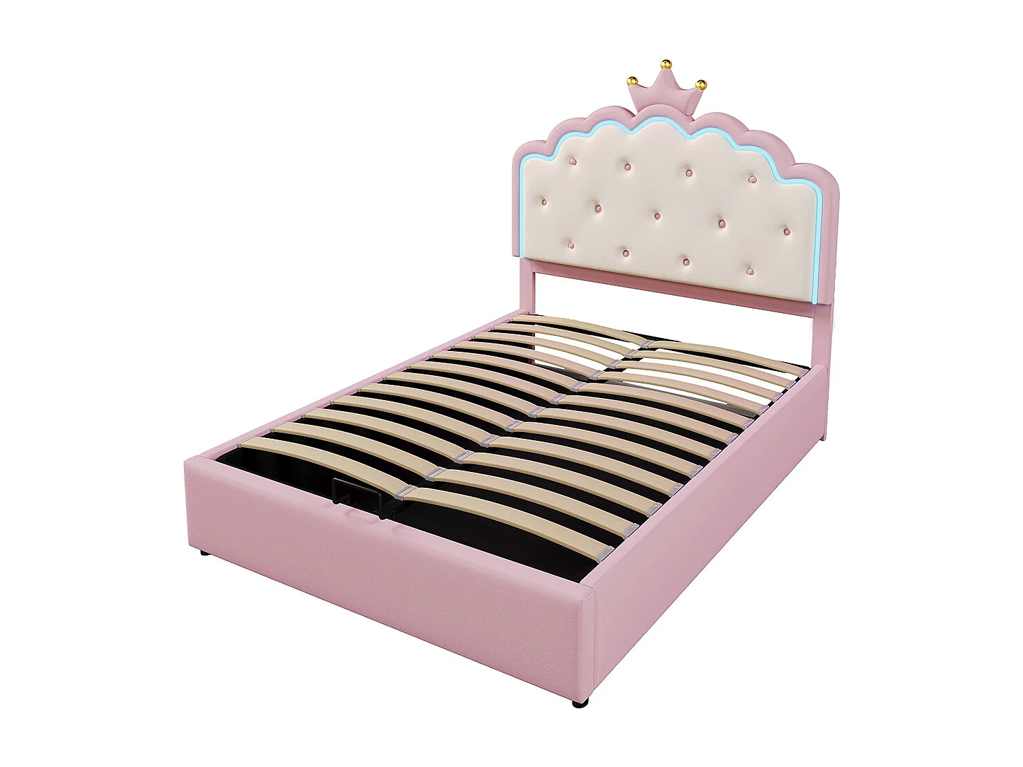 Lit rembourré 140 x 200 cm avec sommier à lattes Éclairage d'ambiance LED, forme princesse, rangement hydraulique,  rose