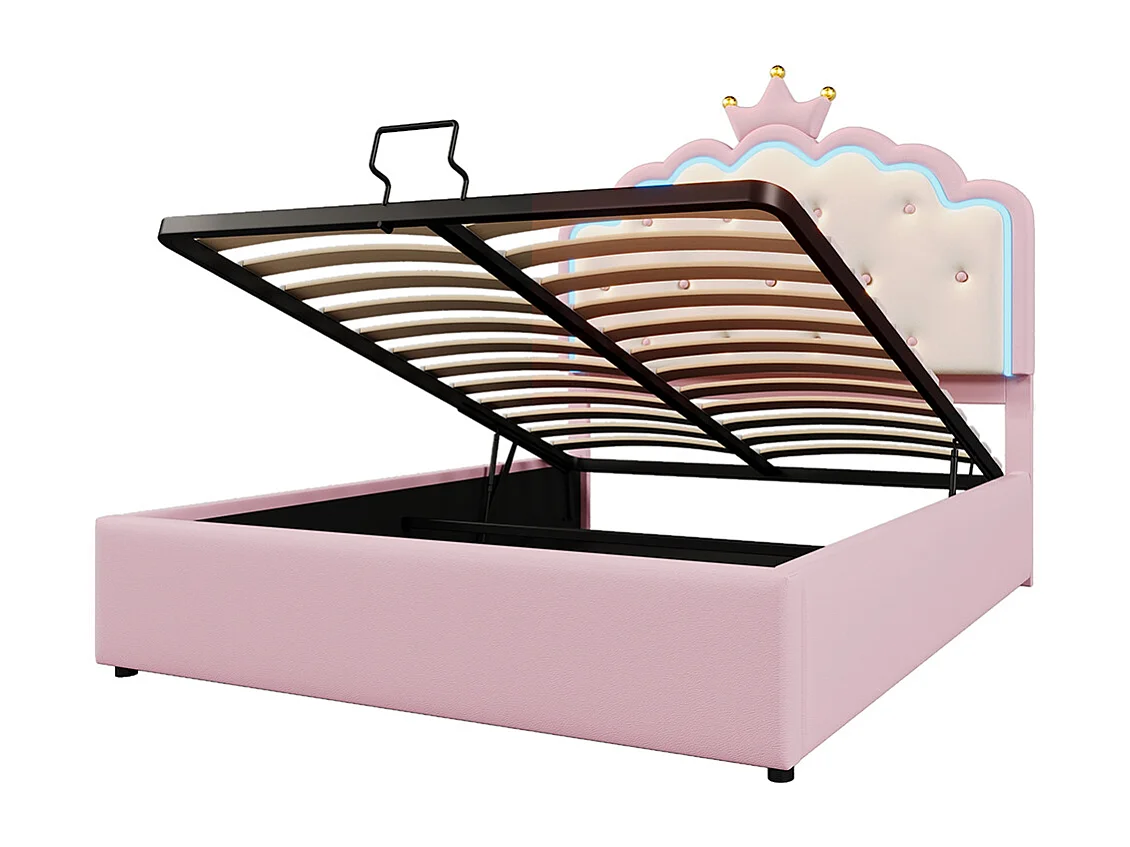 Lit rembourré 140 x 200 cm avec sommier à lattes Éclairage d'ambiance LED, forme princesse, rangement hydraulique,  rose