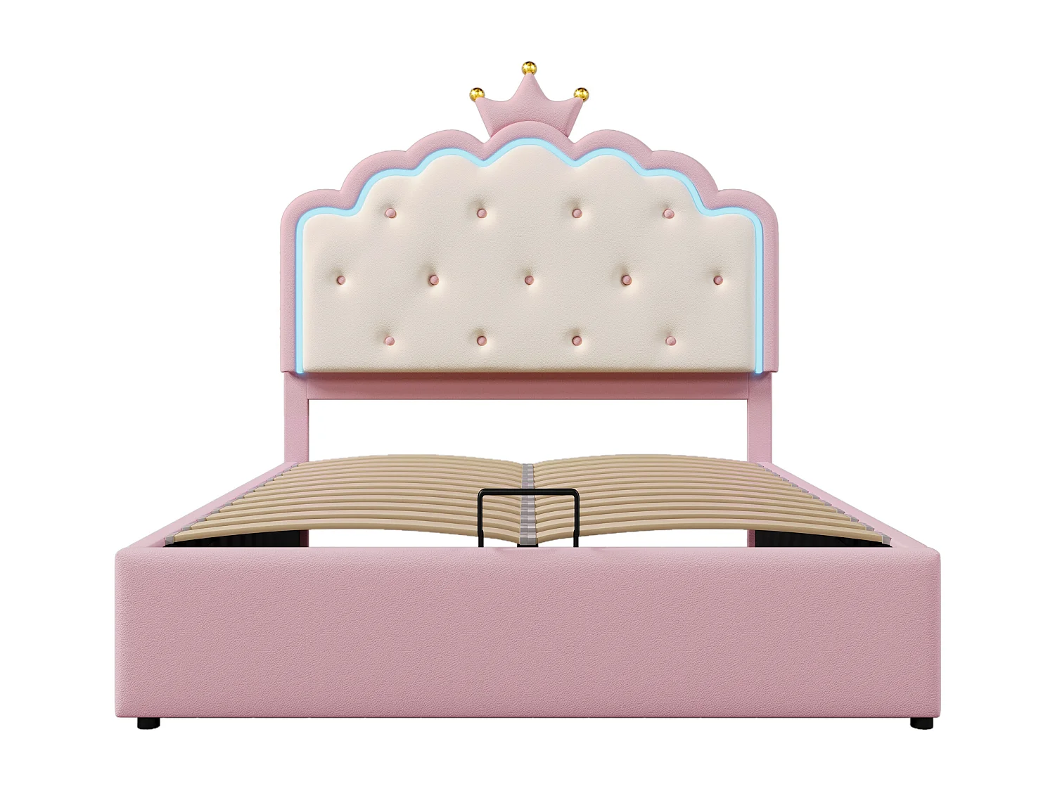 Lit rembourré 140 x 200 cm avec sommier à lattes Éclairage d'ambiance LED, forme princesse, rangement hydraulique,  rose