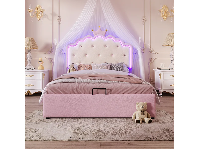 Kinderbed 140 x 200 cm, met LED-sfeerverlichting, prinsessenvorm, hydraulische opbergruimte,  roze