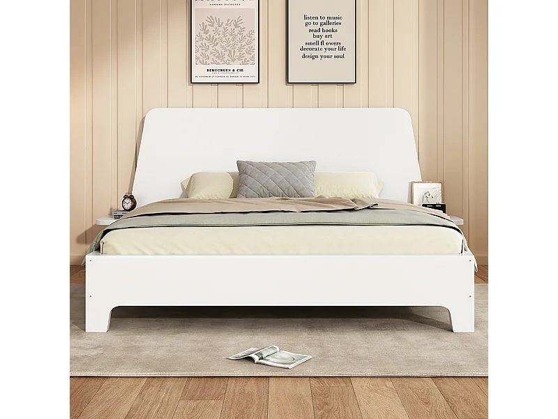 160x200 cm Lit double en bois massif avec tête de lit de rangement et sommier à lattes, blanc (sans matelas)