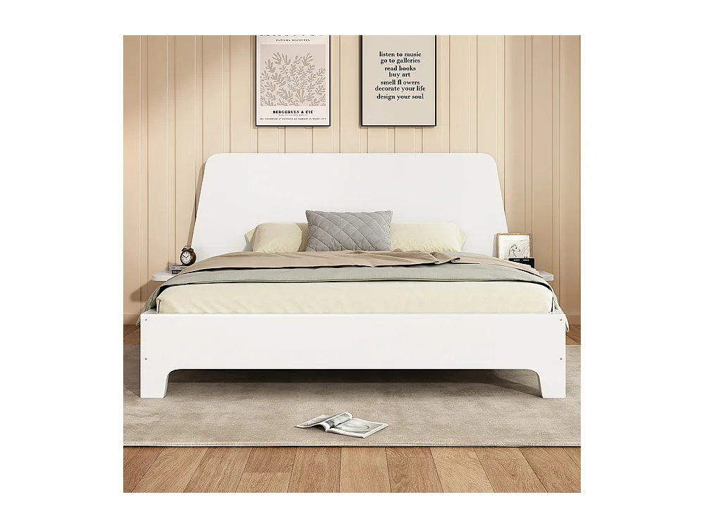 160x200 cm Lit double en bois massif avec tête de lit de rangement et sommier à lattes, blanc (sans matelas)