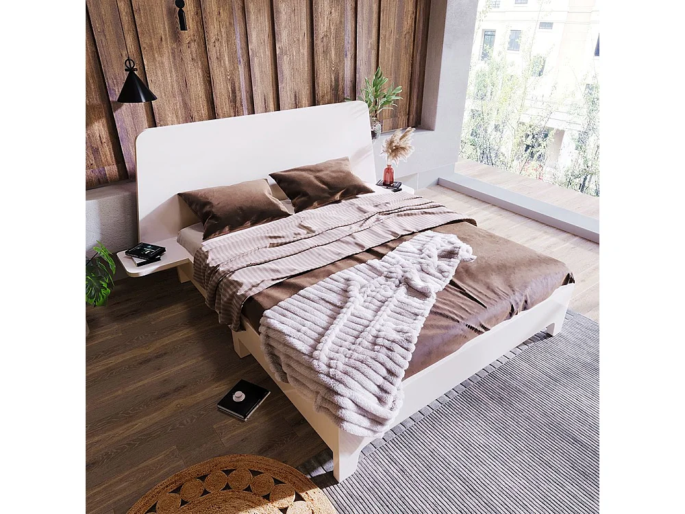 160x200 cm Lit double en bois massif avec tête de lit de rangement et sommier à lattes, blanc (sans matelas)