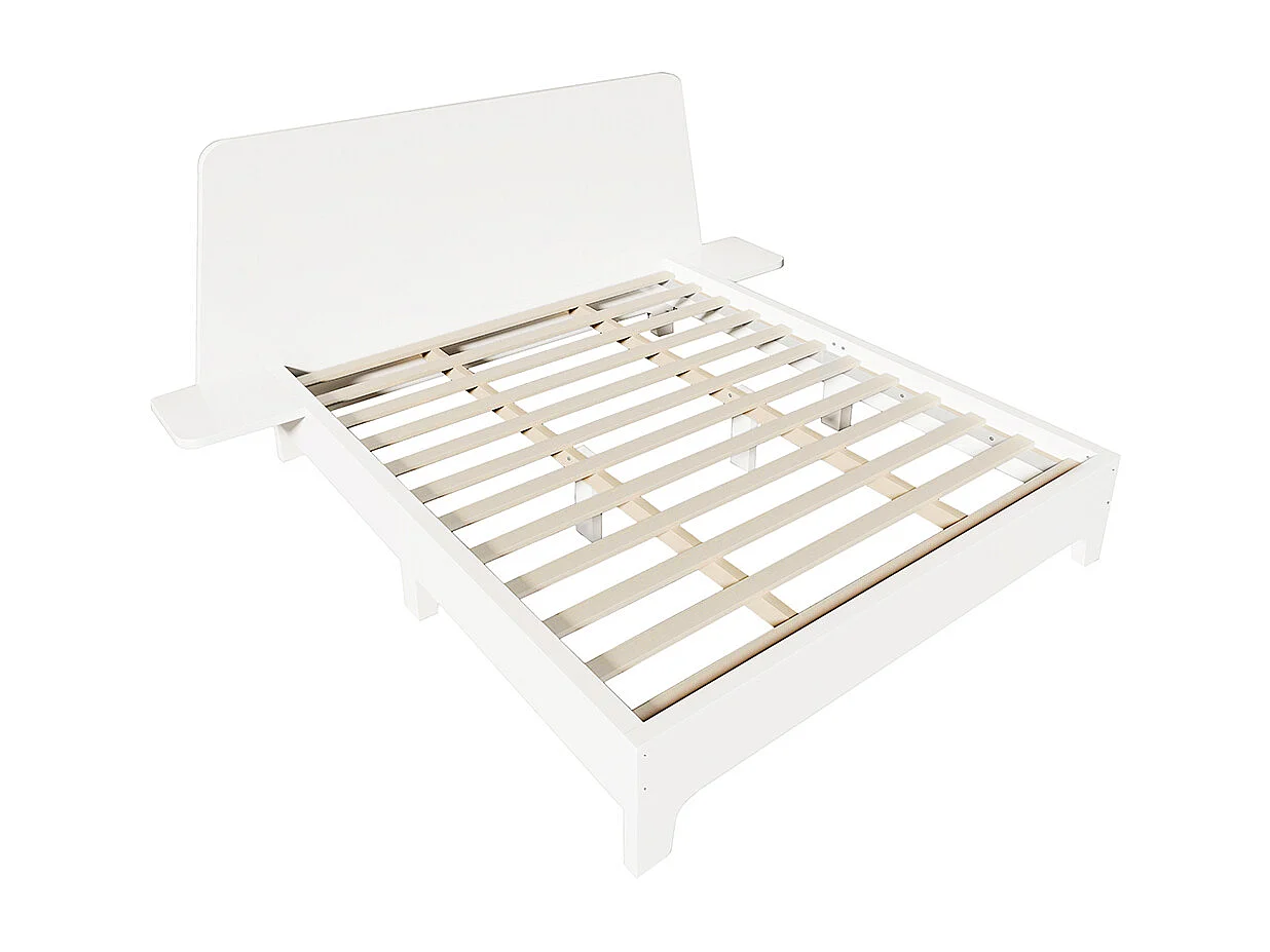 160x200 cm Lit double en bois massif avec tête de lit de rangement et sommier à lattes, blanc (sans matelas)