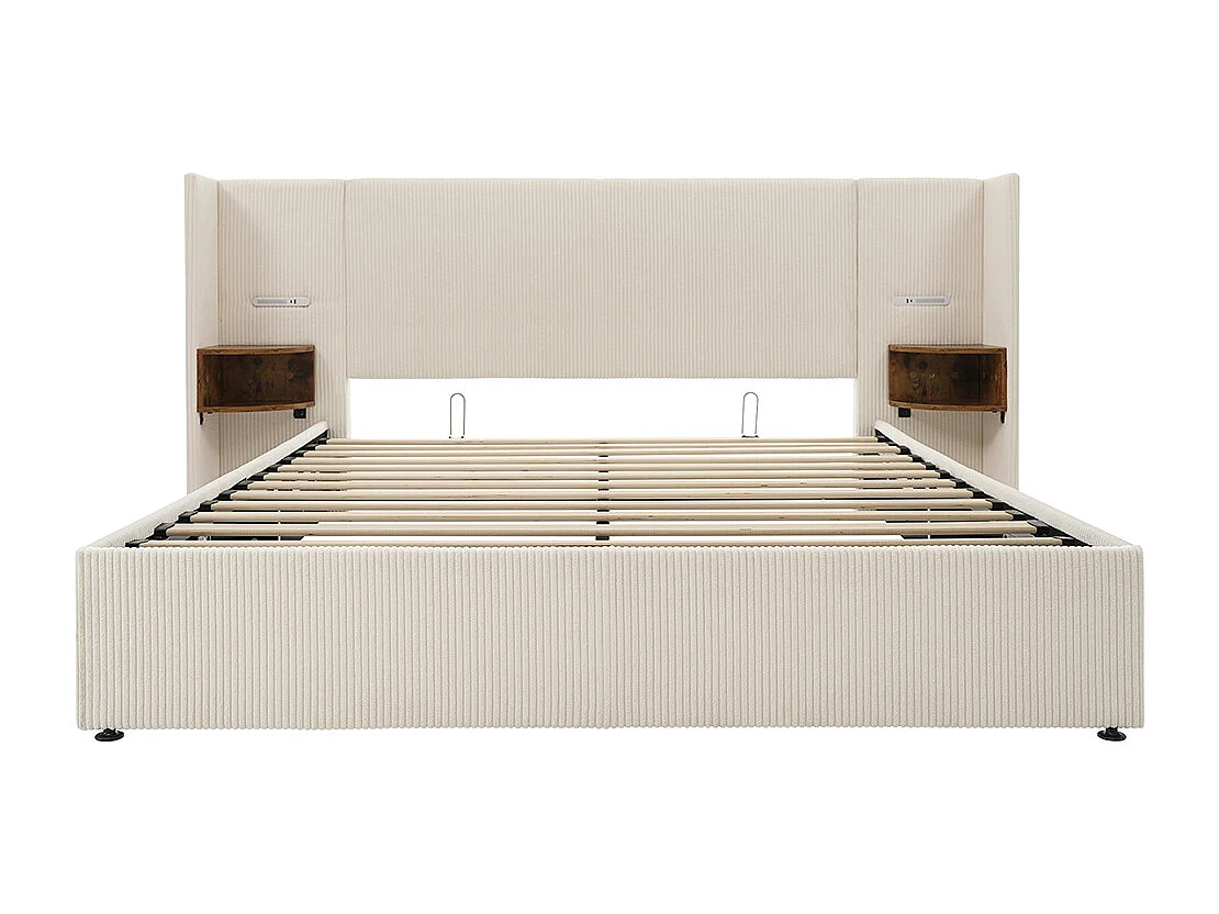 Gestoffeerd tweepersoonsbed (180 x 200) met nachtkastje, leeslampje en USB Type-C lader, beige, ribfluweel.