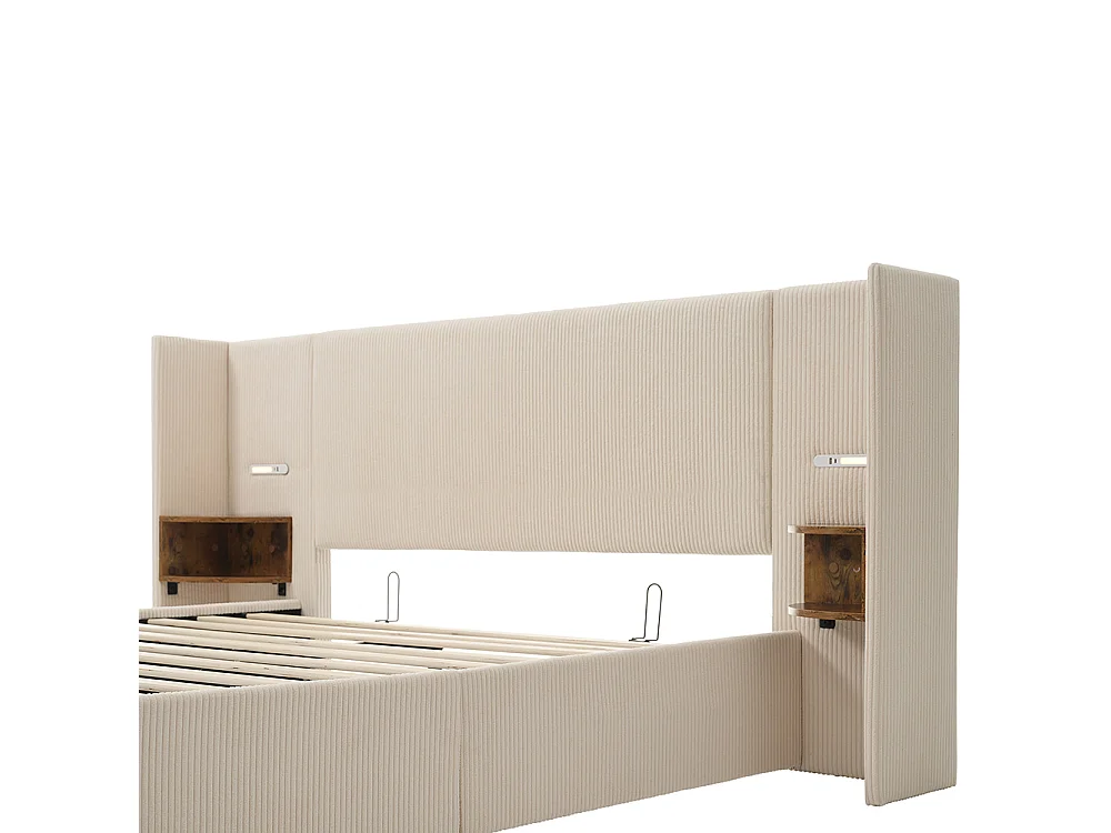 Gestoffeerd tweepersoonsbed (180 x 200) met nachtkastje, leeslampje en USB Type-C lader, beige, ribfluweel.