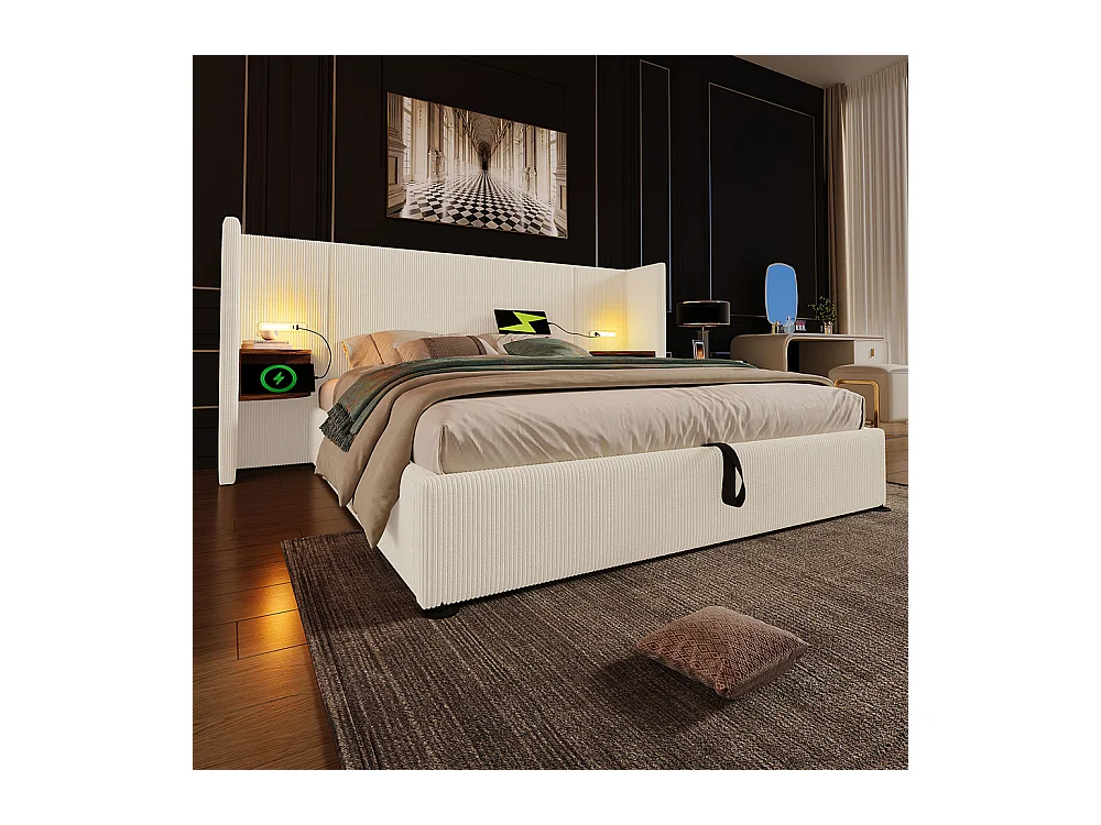 Lit double capitonné (180 x 200) avec table de chevet, liseuse et chargeur USB Type-C, beige, tissu velours côtelé.