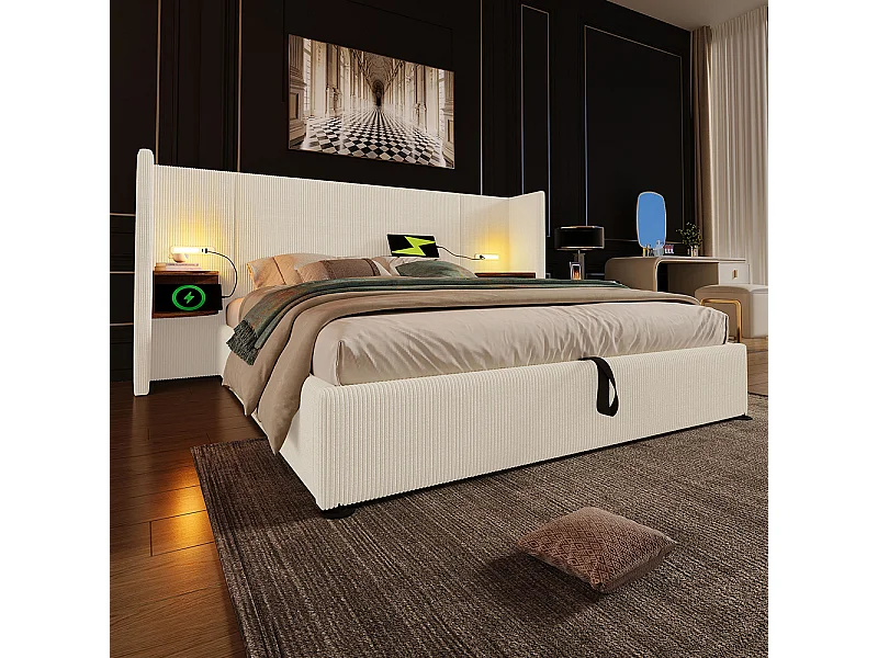 Cama doble tapizada (180 x 200) con mesilla de noche, luz de lectura y cargador USB Type-C, beige, pana.
