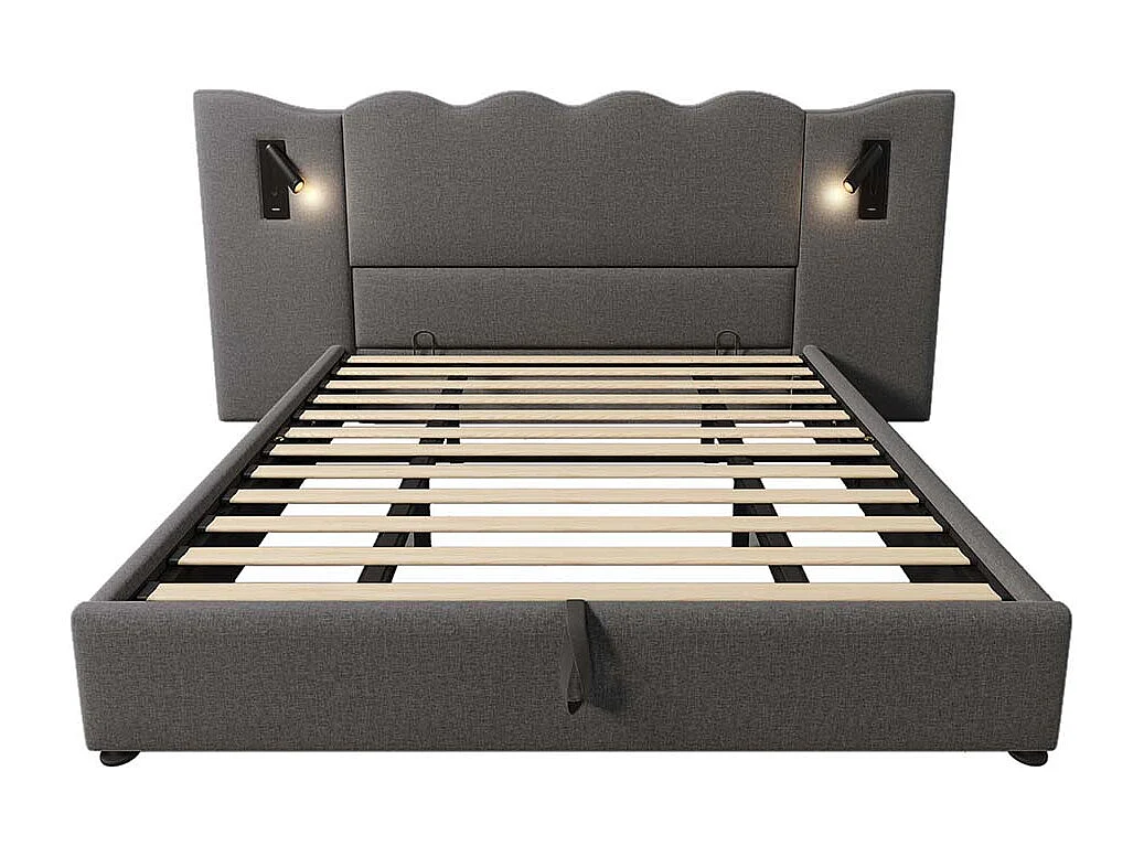 Gestoffeerd tweepersoonsbed 180 x 200 met leeslampje en USB Type-C oplader, grijs, linnen