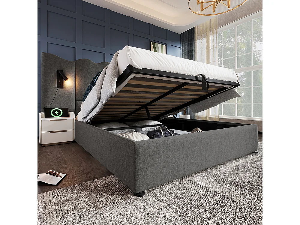Lit double capitonné 180 x 200 avec liseuse et chargeur USB Type-C, gris, lin