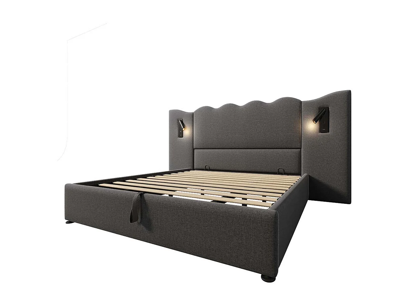 Lit double capitonné 180 x 200 avec liseuse et chargeur USB Type-C, gris, lin