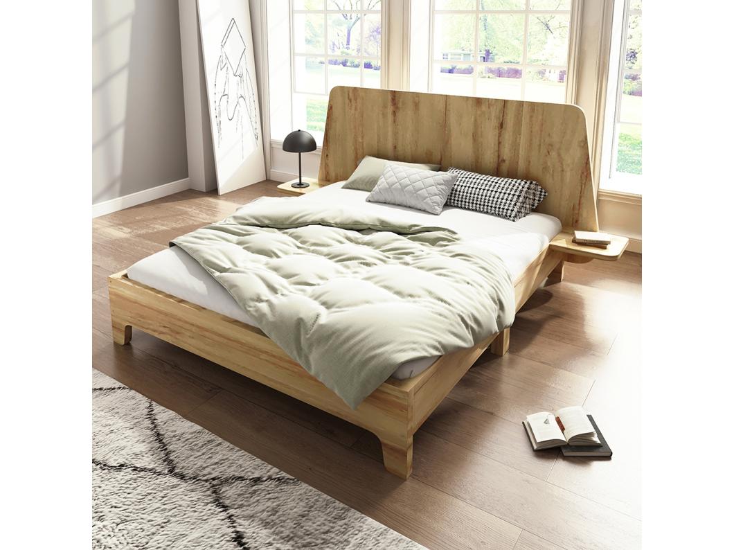 Lit double en bois massif 140x200cm avec tête de lit de rangement et sommier à lattes, chêne (sans matelas)