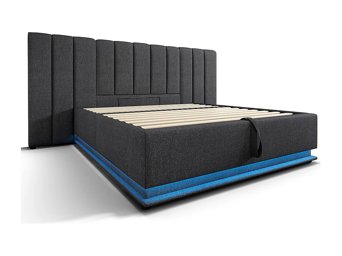 Lit double capitonné 160 x 200 avec app control LED et chargement USB-C, lin, gris, sans matelas ni tête de lit.