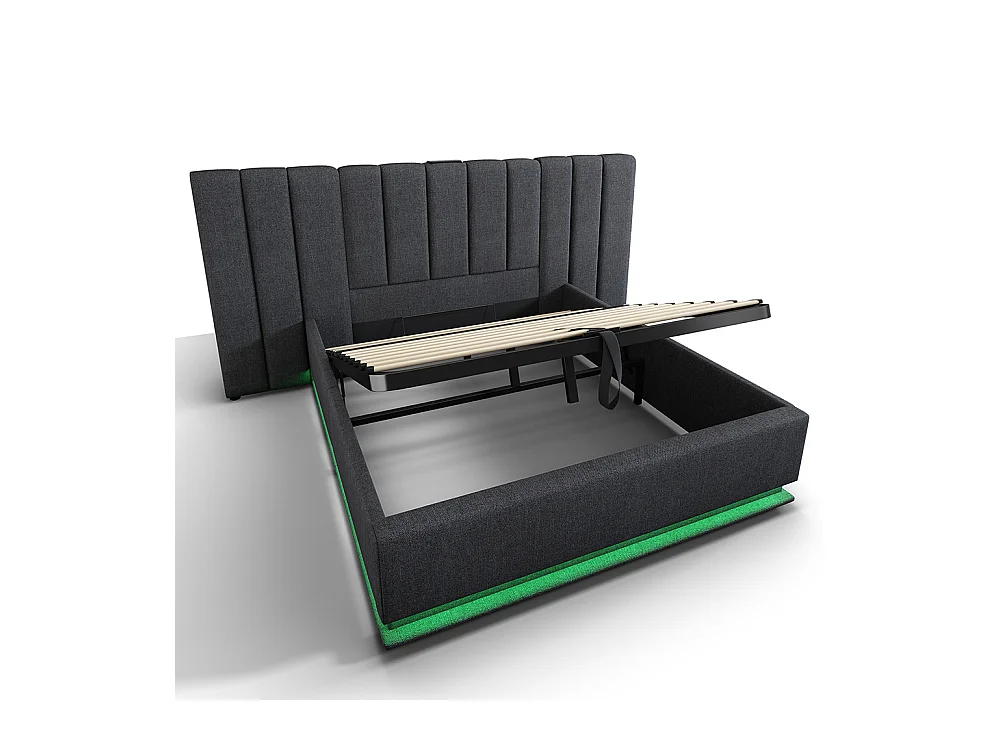 Lit double capitonné 160 x 200 avec app control LED et chargement USB-C, lin, gris, sans matelas ni tête de lit.