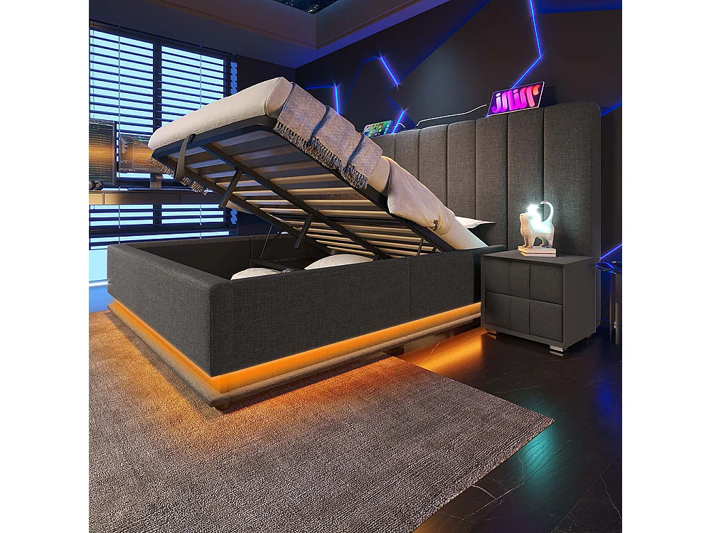 Lit double capitonné 160 x 200 avec app control LED et chargement USB-C, lin, gris, sans matelas ni tête de lit.