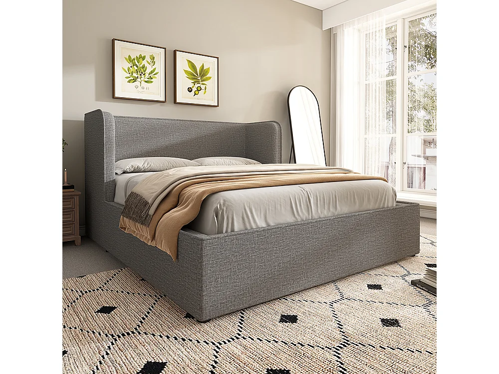 Cama de matrimonio tapizada 180 x 200 con almohadas laterales grandes y funda de somier desenfundable, lino, gris