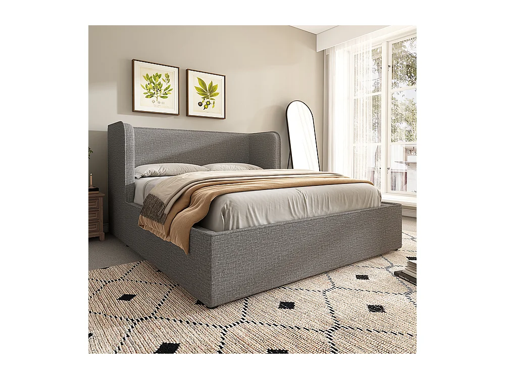 Lit double capitonné 180 x 200 avec larges oreillers latéraux et housse de cadre de lit amovible, lin, gris