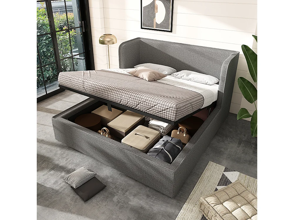 Cama de casal estofada 180 x 200 com almofadas laterais grandes e cobertura amovível da estrutura da cama, linho, cinzento