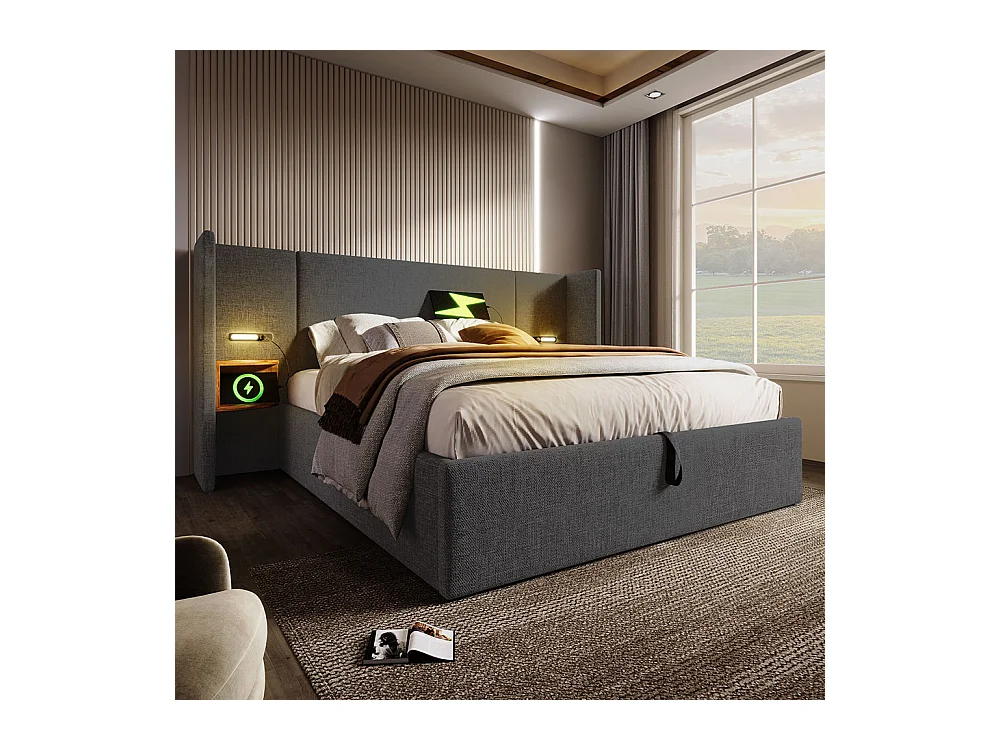 Lit double capitonné 160 x 200 avec table de chevet, liseuse et chargeur USB Type-C, gris, lin.