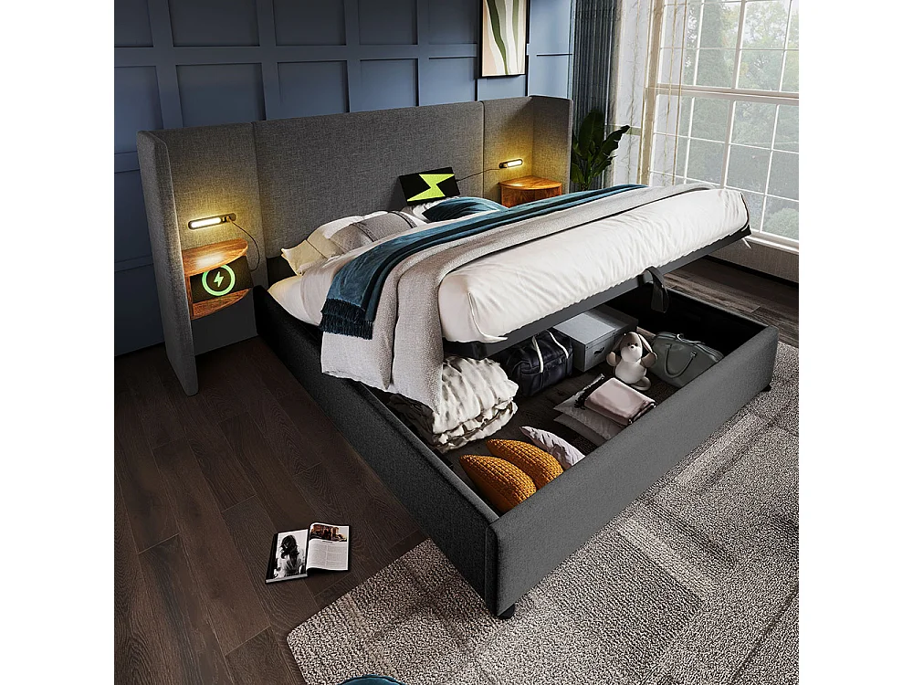 Gestoffeerd tweepersoonsbed 160 x 200 met nachtkastje, leeslampje en USB Type-C lader, grijs, linnen.