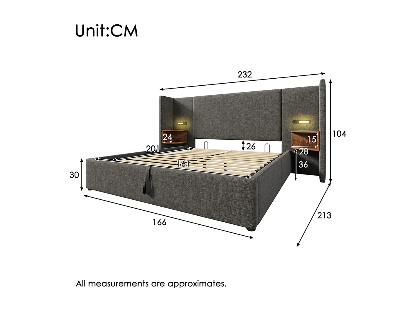 Gestoffeerd tweepersoonsbed 160 x 200 met nachtkastje, leeslampje en USB Type-C lader, grijs, linnen.