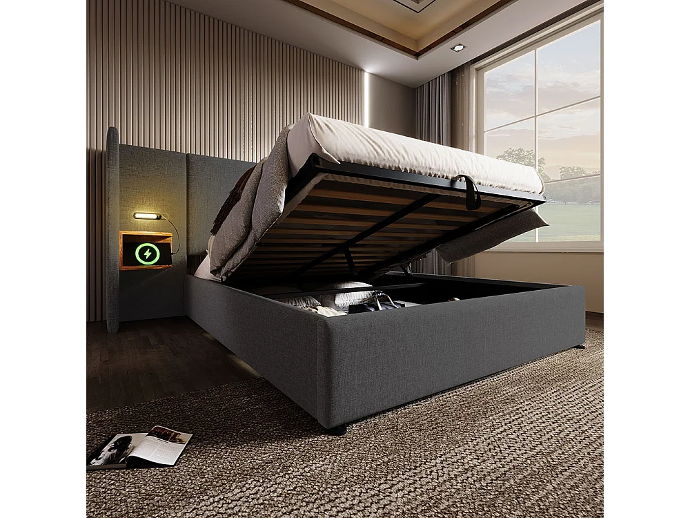 Gestoffeerd tweepersoonsbed 160 x 200 met nachtkastje, leeslampje en USB Type-C lader, grijs, linnen.