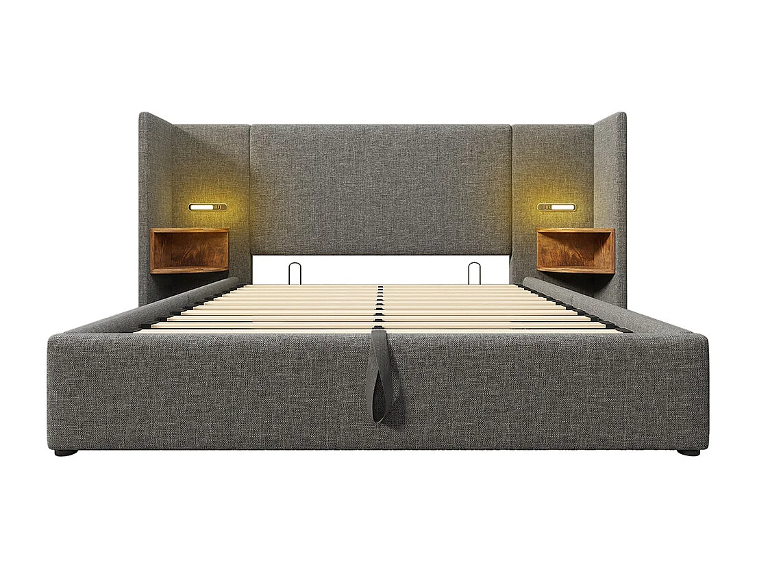 Gestoffeerd tweepersoonsbed 160 x 200 met nachtkastje, leeslampje en USB Type-C lader, grijs, linnen.