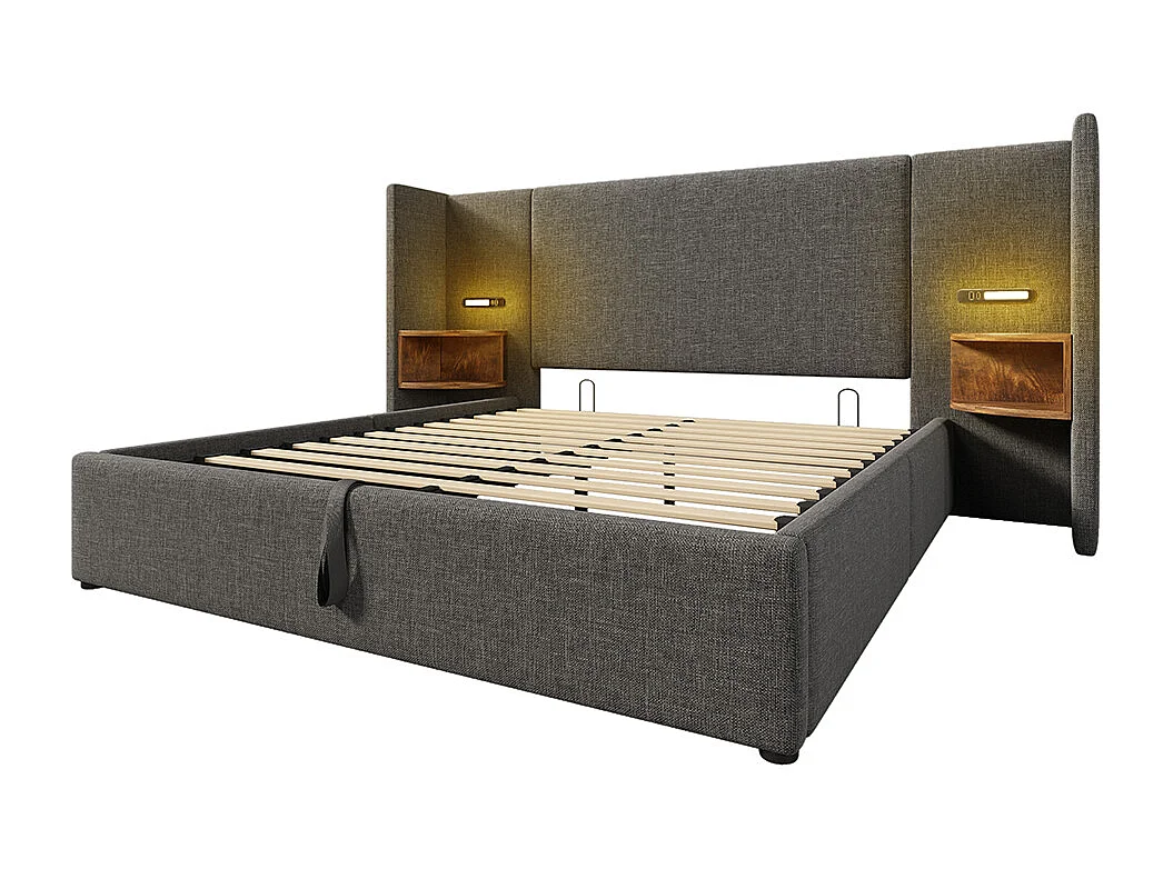 Gestoffeerd tweepersoonsbed 160 x 200 met nachtkastje, leeslampje en USB Type-C lader, grijs, linnen.