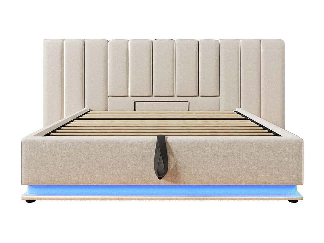 Lit double capitonné 160 x 200 avec app control LED et chargement USB-C, lin, beige, sans matelas ni tête de lit.