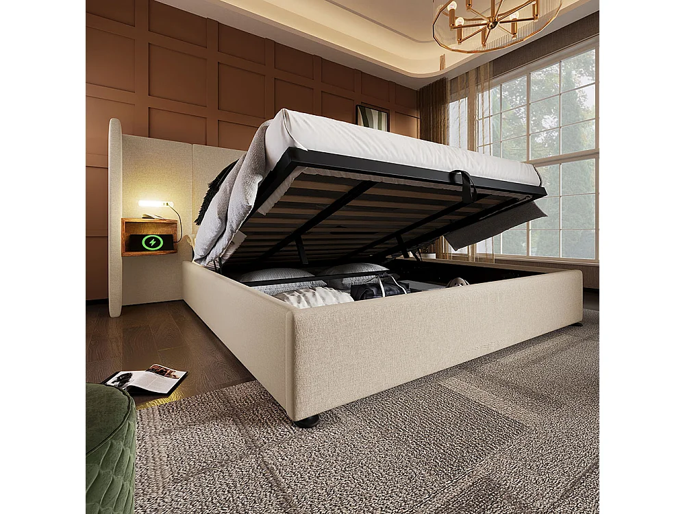 Gestoffeerd tweepersoonsbed 180 x 200 met nachtkastje, leeslampje en USB Type-C oplader, beige, linnen.