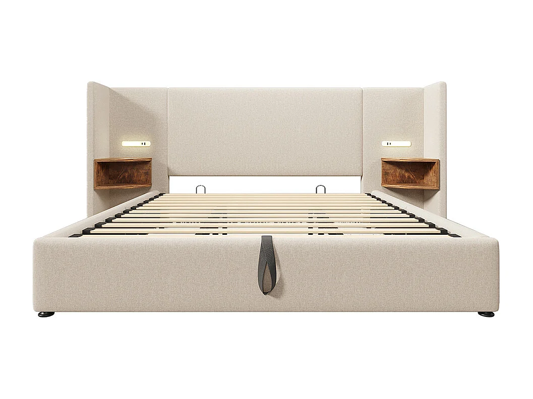 Gestoffeerd tweepersoonsbed 180 x 200 met nachtkastje, leeslampje en USB Type-C oplader, beige, linnen.