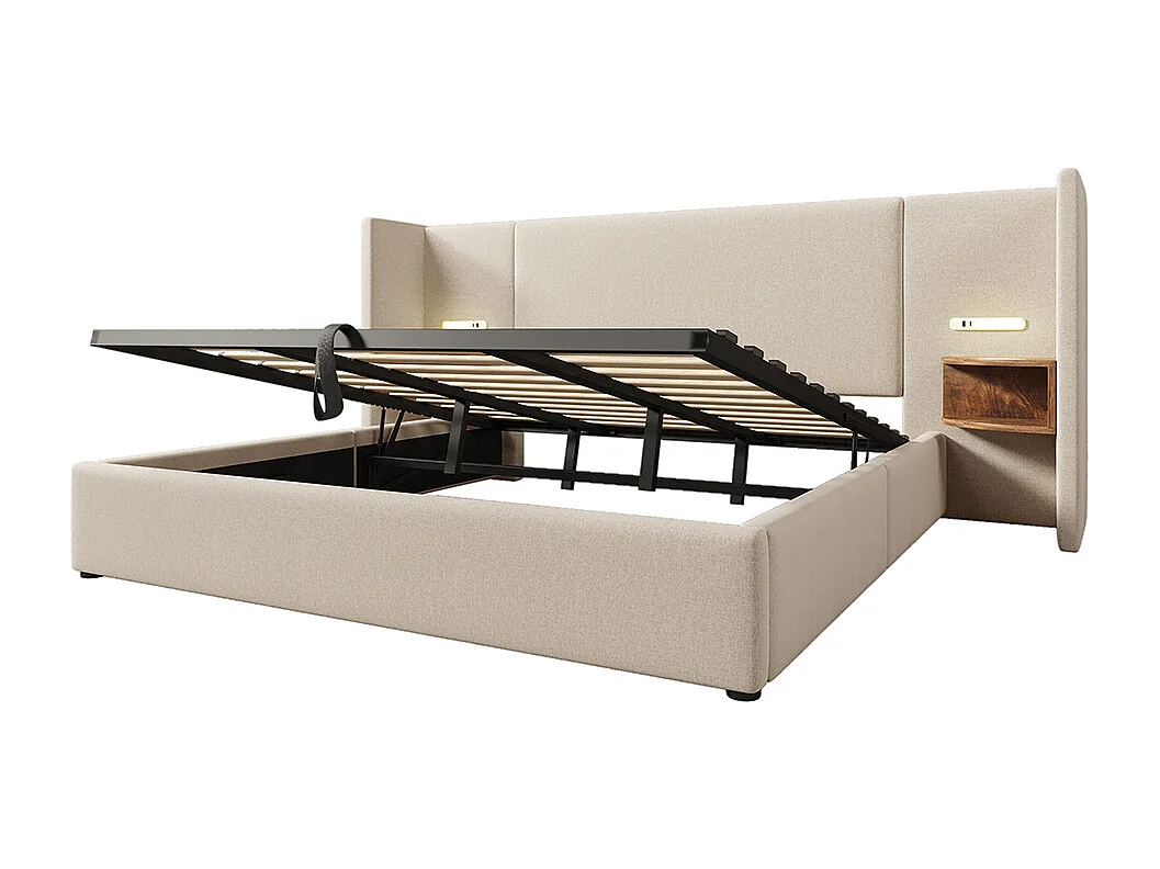 Gestoffeerd tweepersoonsbed 180 x 200 met nachtkastje, leeslampje en USB Type-C oplader, beige, linnen.