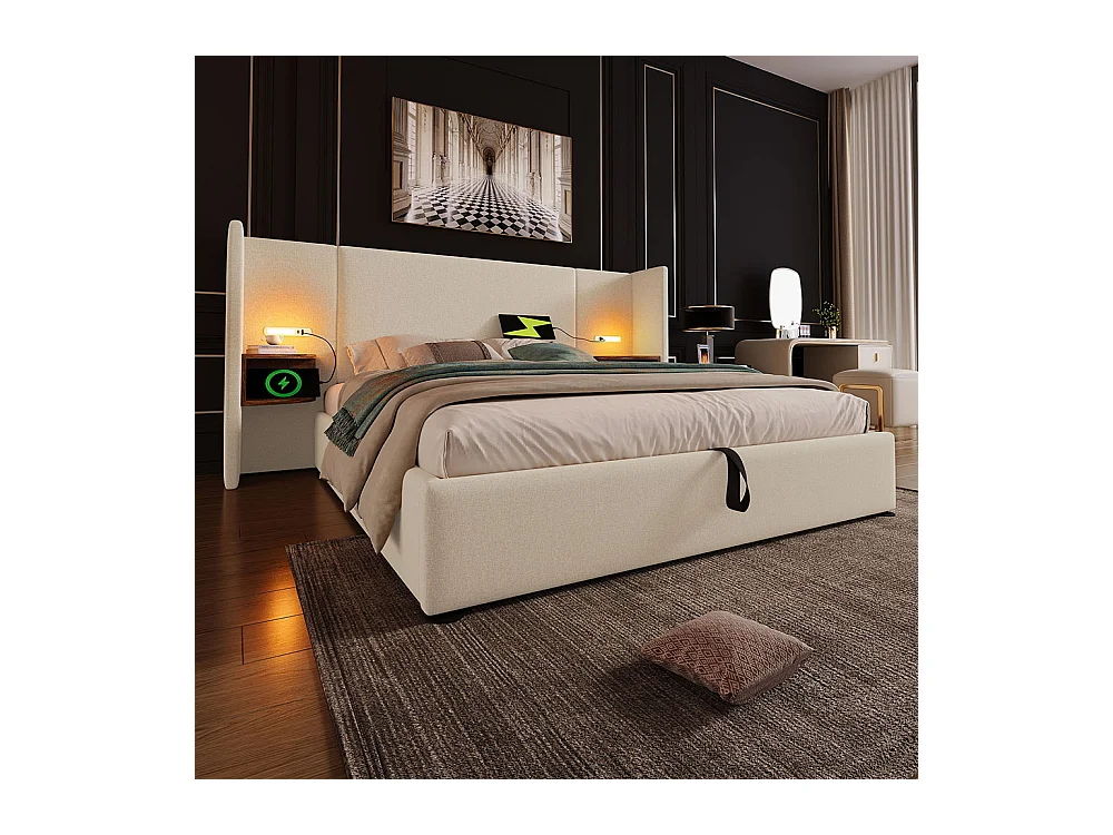 Lit double capitonné 180 x 200 avec table de chevet, liseuse et chargeur USB Type-C, beige, lin.