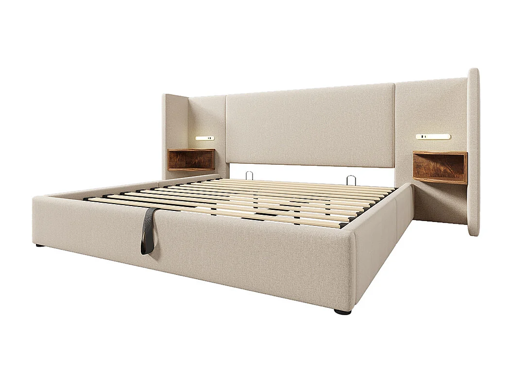 Cama de casal estofada 180 x 200 com mesa de cabeceira, luz de leitura e carregador USB tipo C, bege, linho.