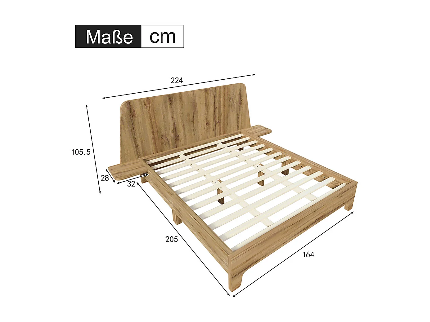 Lit double en bois massif 160x200cm avec tête de lit de rangement et sommier à lattes, chêne (sans matelas)