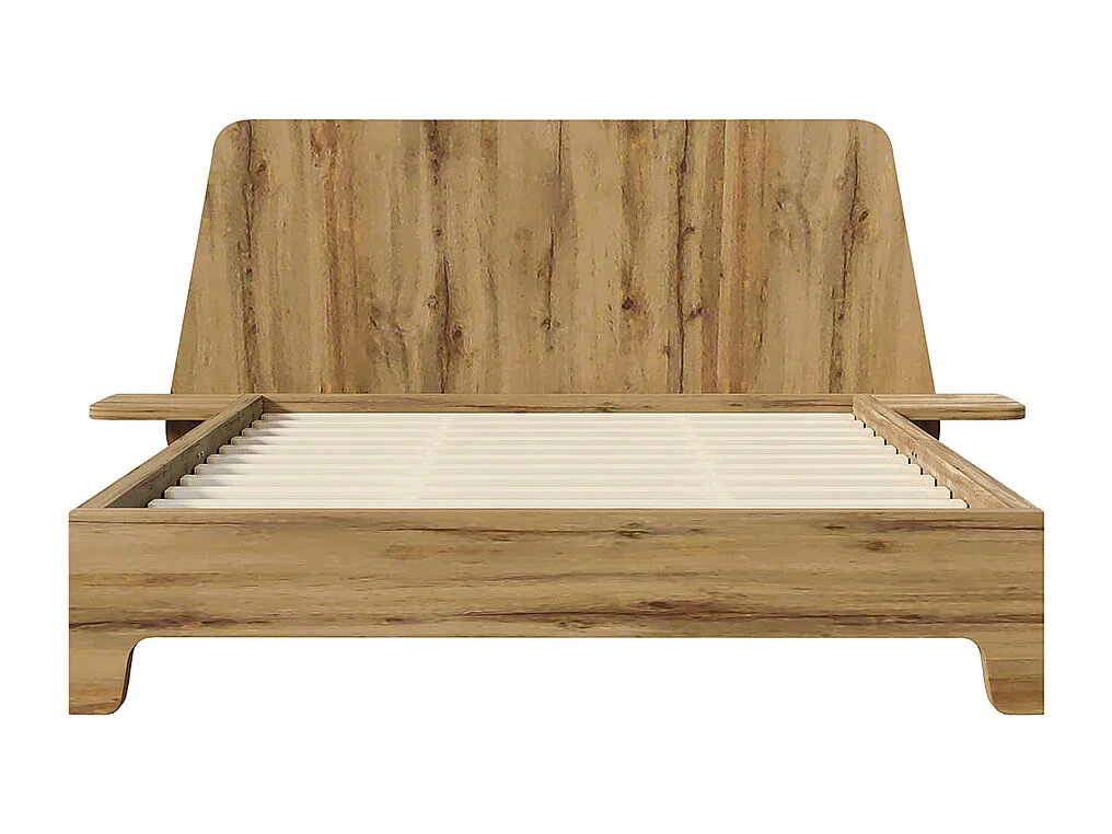 Lit double en bois massif 160x200cm avec tête de lit de rangement et sommier à lattes, chêne (sans matelas)