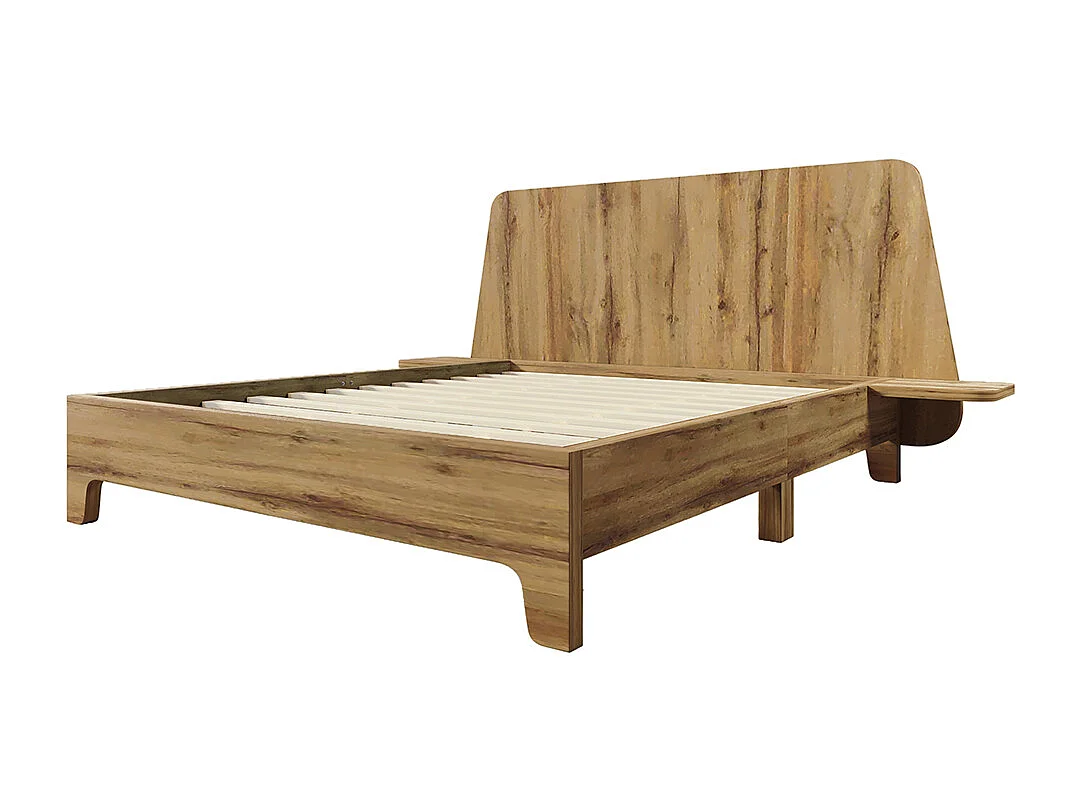 Lit double en bois massif 160x200cm avec tête de lit de rangement et sommier à lattes, chêne (sans matelas)