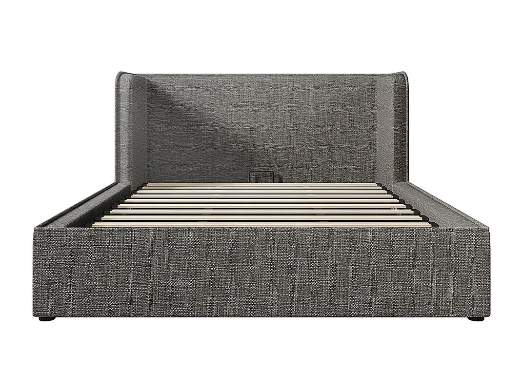 Gepolstertes Doppelbett 160 x 200 mit breiten Seitenregalen und abnehmbarem Bettkastenbezug, Leinen, grau