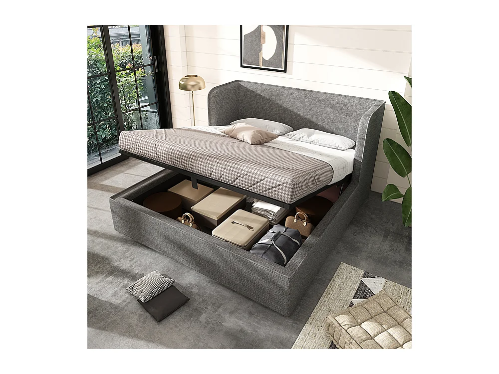 Lit double capitonné 160 x 200 avec larges étagères latérales et housse de sommier amovible, lin, gris