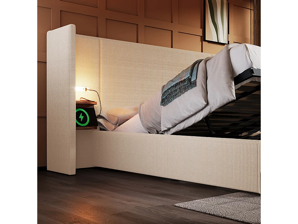 Gestoffeerd tweepersoonsbed 160 x 200 met nachtkastje, leeslampje en USB Type-C oplader, beige, ribfluweel stof.