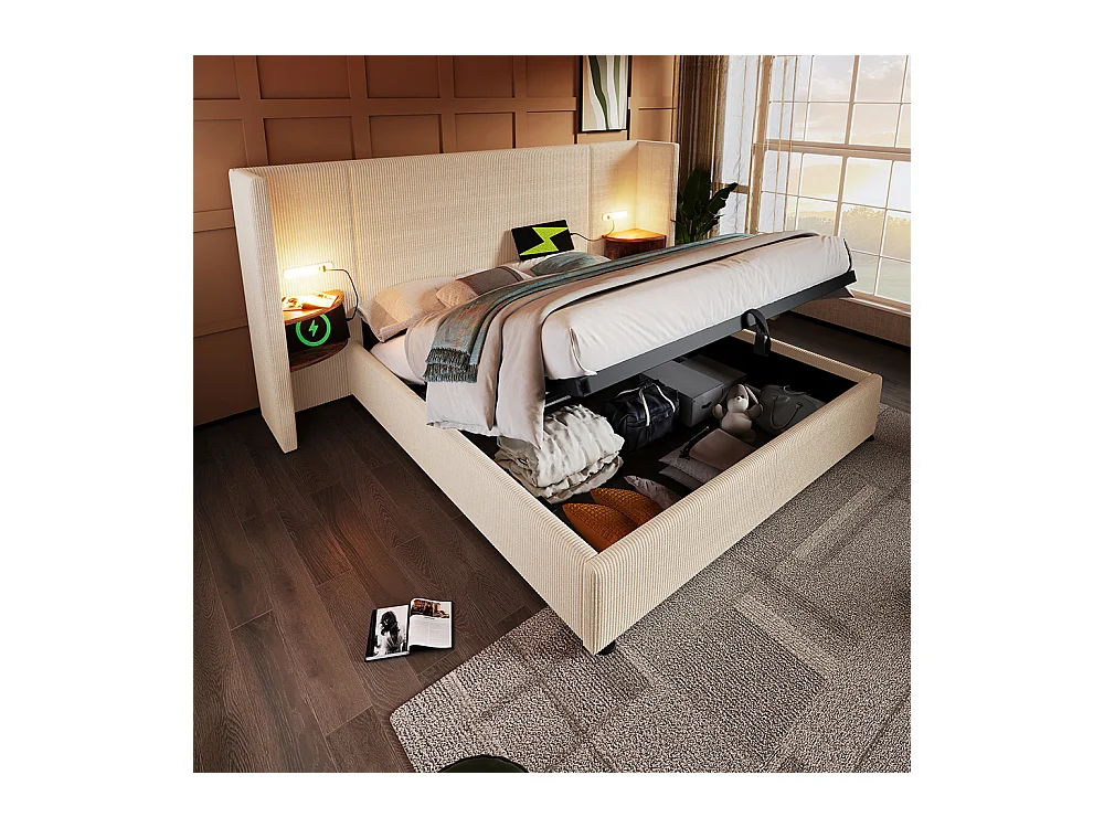 Lit double capitonné 160 x 200 avec table de chevet, liseuse et chargeur USB Type-C, beige, tissu velours côtelé.