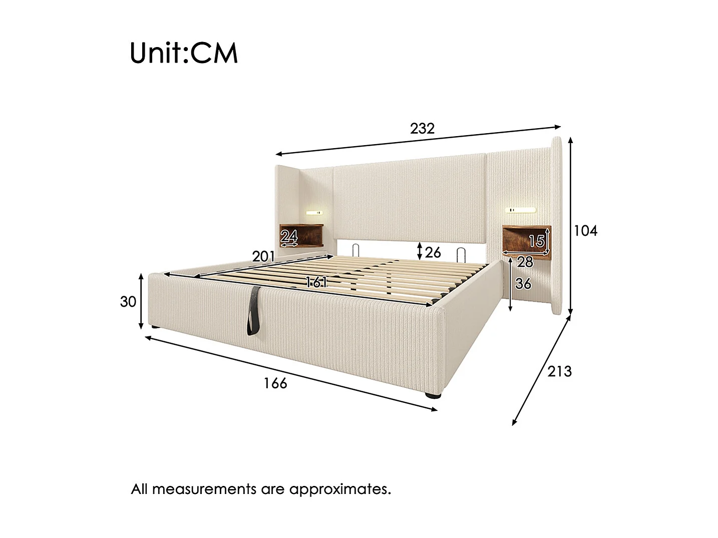 Lit double capitonné 160 x 200 avec table de chevet, liseuse et chargeur USB Type-C, beige, tissu velours côtelé.