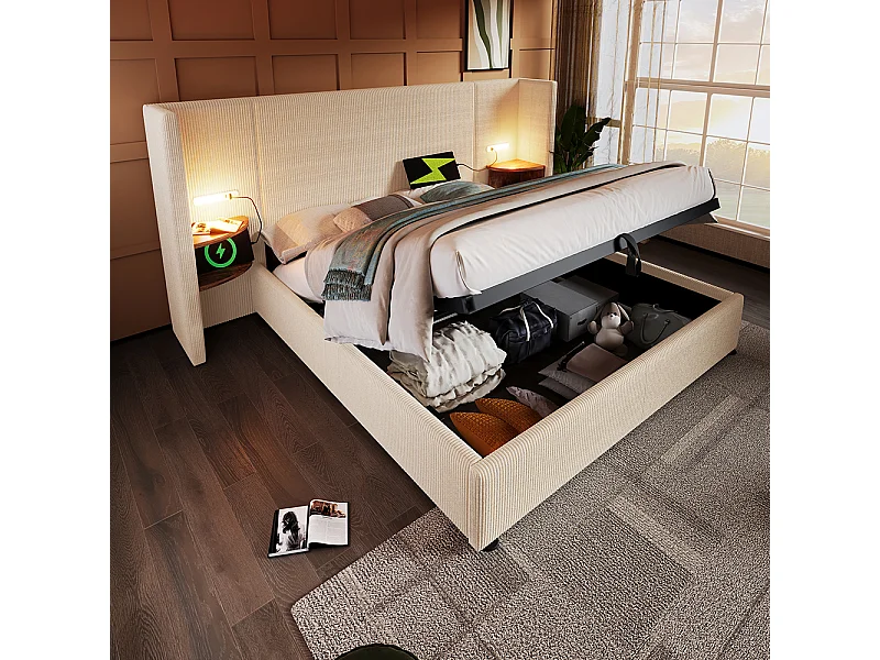 Letto matrimoniale imbottito 160 x 200 con comodino, luce di lettura e caricatore USB Type-C, beige, tessuto a coste.