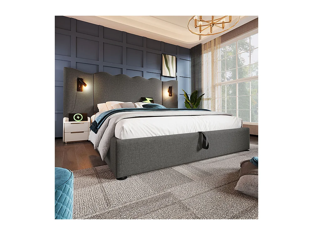 Lit double capitonné 160 x 200, avec liseuse et chargeur USB Type-C, gris, lin.