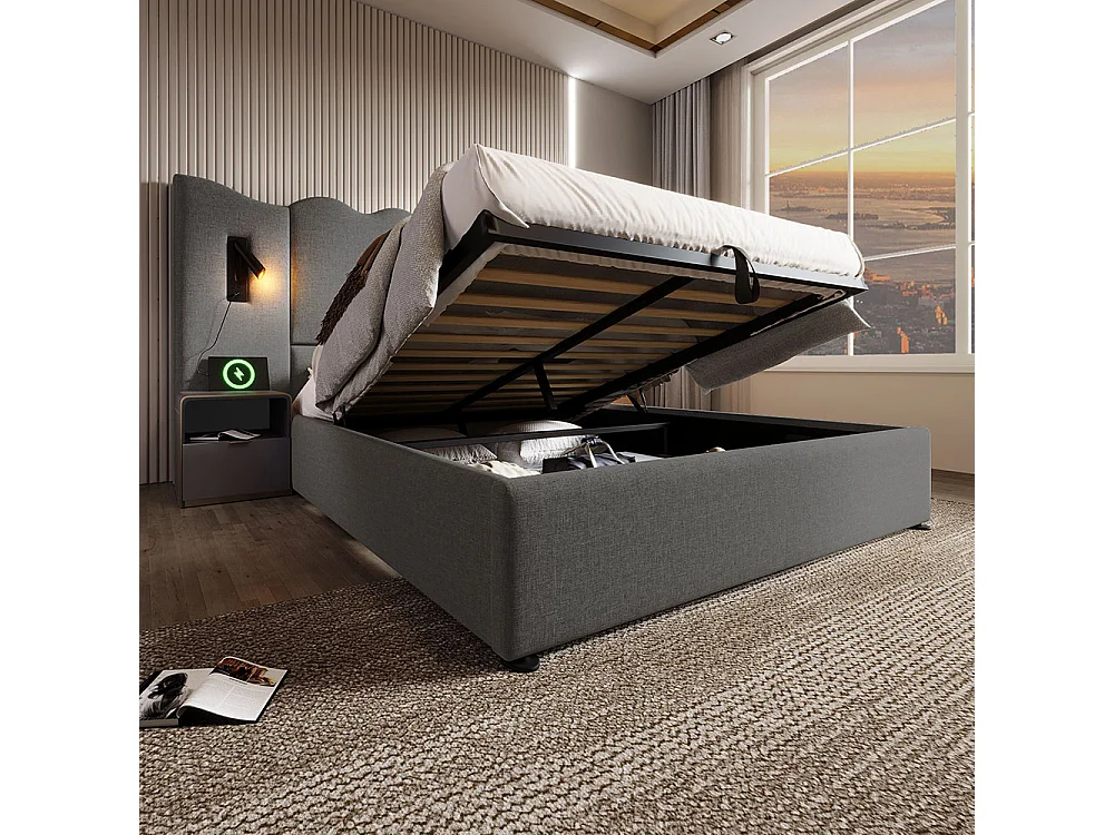 Gestoffeerd tweepersoonsbed 160 x 200, met leeslampje en USB Type-C lader, grijs, linnen.