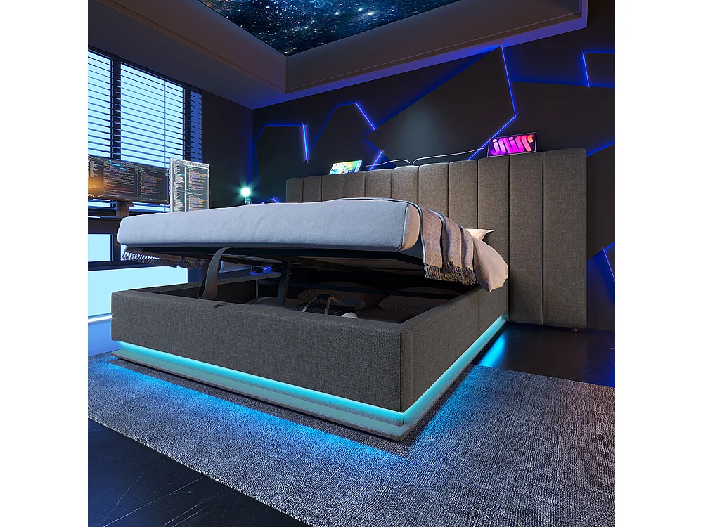 Lit double capitonné 180 x 200 avec app control LED et chargement USB-C, lin, gris, sans matelas ni tête de lit.