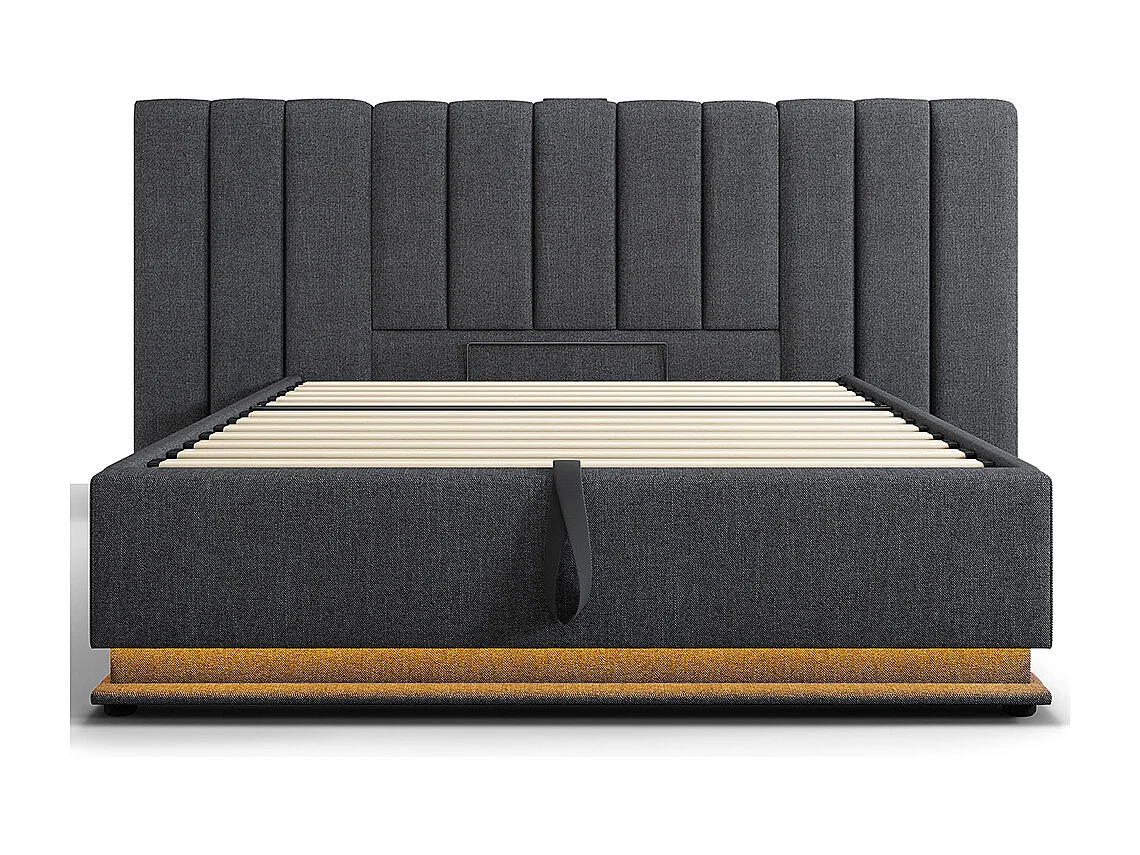 Lit double capitonné 180 x 200 avec app control LED et chargement USB-C, lin, gris, sans matelas ni tête de lit.