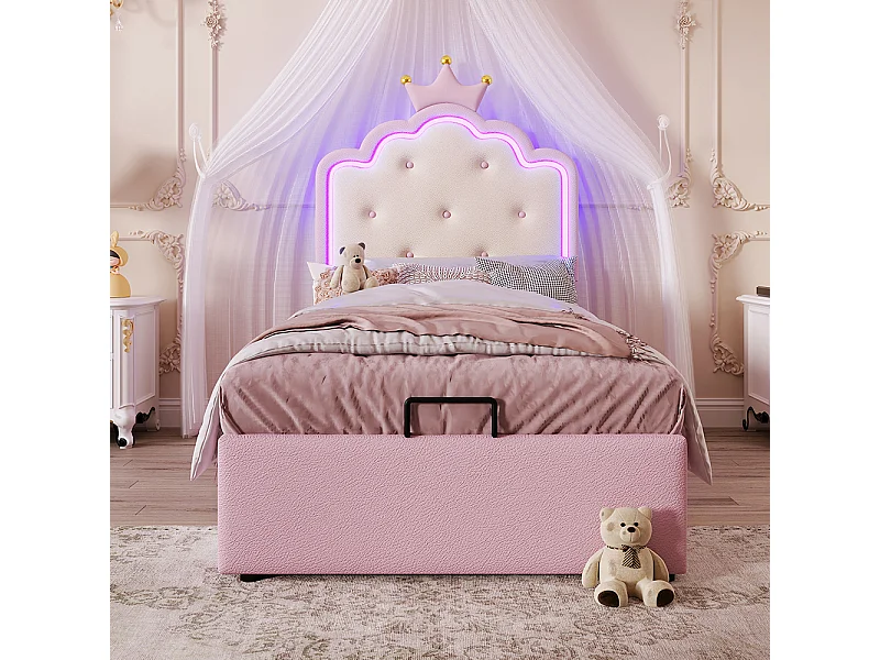 Gestoffeerd bed 90 x 200 cm, met sfeerverlichting met afstandsbediening, prinsessenkroon, PU-materiaal, roze