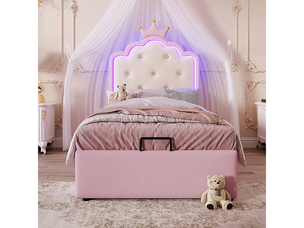 Gestoffeerd bed 90 x 200 cm, met sfeerverlichting met afstandsbediening, prinsessenkroon, PU-materiaal, roze